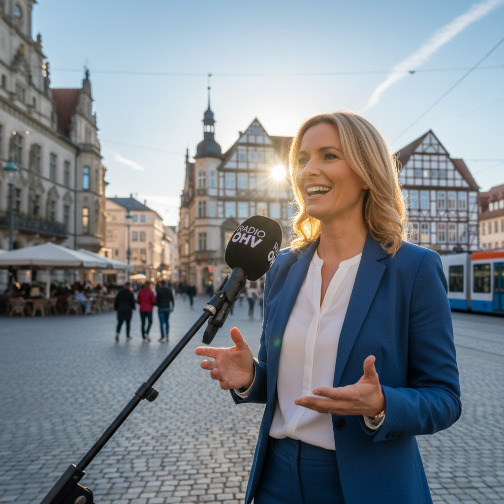 Moderatorin lächelnd im Radiostudio