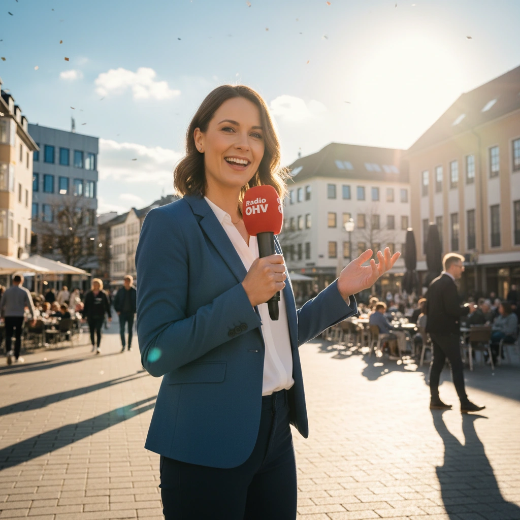 Moderatorin am Mikrofon im Studio